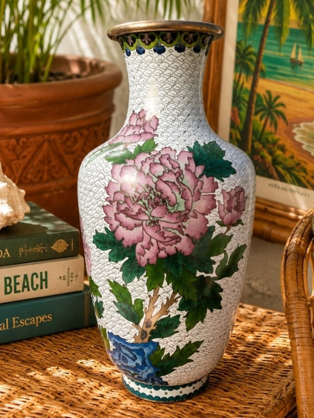China Royal Copper Cloisonne Enamel Vase Vintage